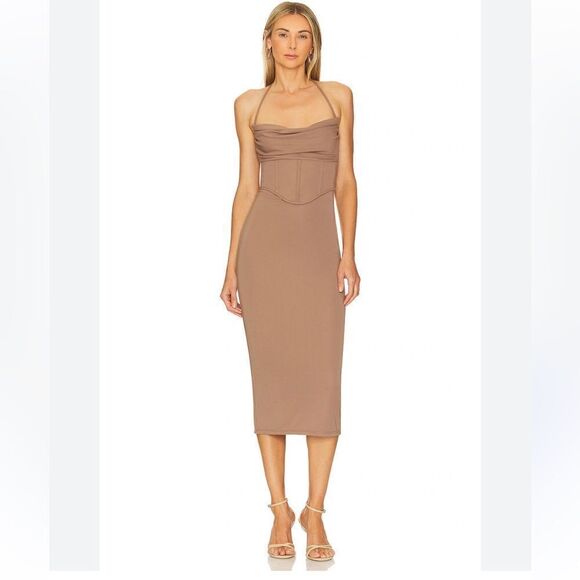 LPA Thalia Corset Midi Dress Mushroom nude brown boned bustier stretch Revolve Dresses LPA Thalia Corset Midi Dress Mushroom nude brown boned bustier stretch Revolve Dresses